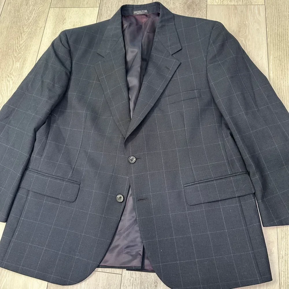 Evan Picone vintage men's wool suit Navy charcoal Windowpane size‎ 39 bottoms